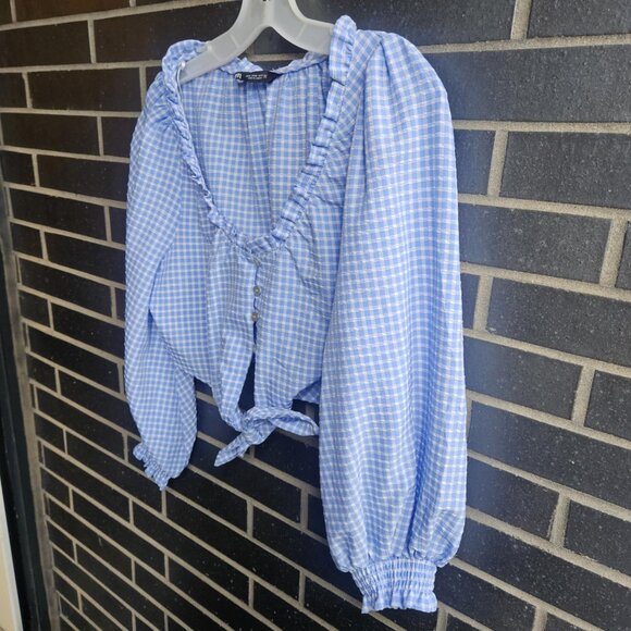 Zara Women's Blue & White Gingham Prairie Boho Cottage Crop Top Tie Front Size M - Picture 8 of 14